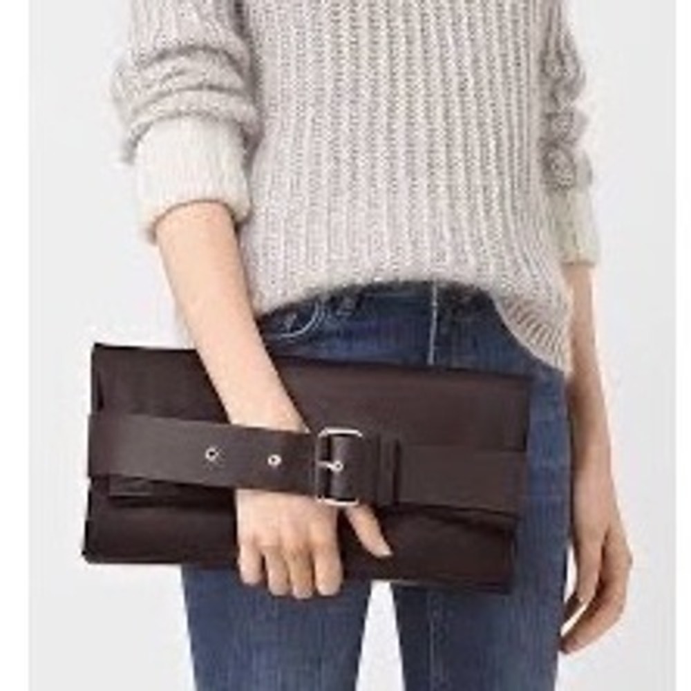 AllSaints Zoku Leather Clutch Bag Oxblood Burgundy Buckle Hand Strap WB066L
